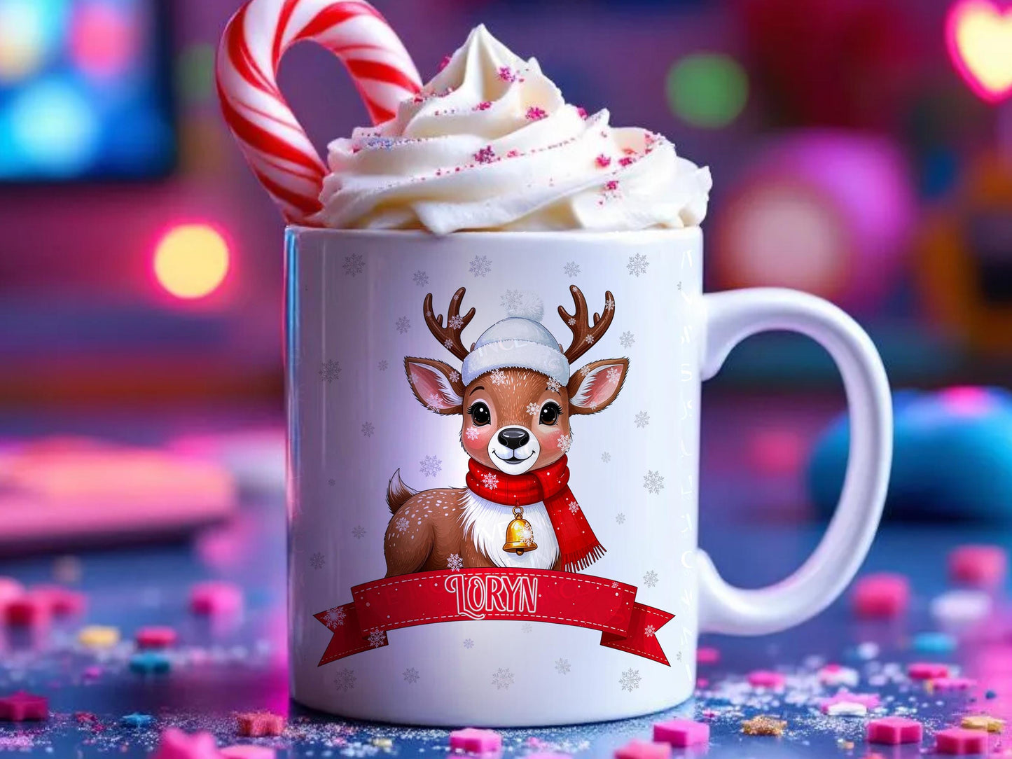 White Ceramic mug printed with a cute little Deer Fawn with a Cozy Bobble hat and Bright red scarf. A little gold bell hangs around his neck as snowflakes fall all around him. A Festive red Banner rests below him with the recipients name printed on. Personalised with any name and printed on both sides. Also available in white mug with a red handle and rim.