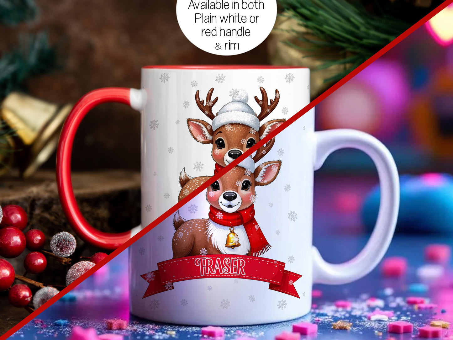Available in either plain white mug or a white mug with a festive red rim and handle