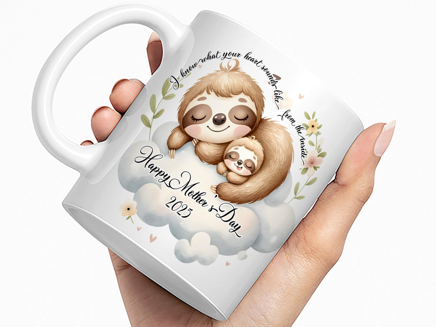 All White ceramic mug with glossy print. Design shows A cute mummy and baby sloth curled up sleeping.
Text at top of mug read I know what your heart sounds like from the inside. Add a personalised message & title of your choice.