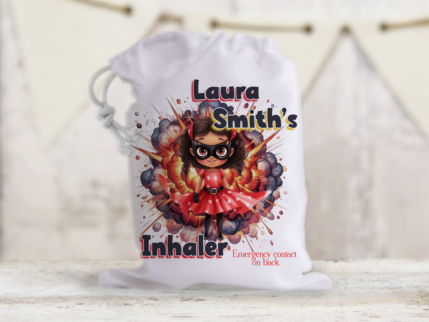 Superhero character Inhaler bag for school and travel, Personalised medicine bag for children, Inhaler and spacer drawstring storage,