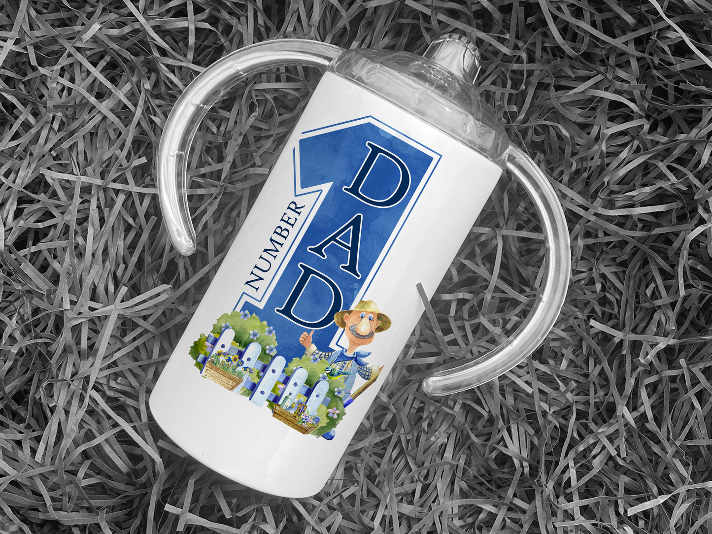 Printed Tumbler with clear plastic Two handled Sippy cup lid. Great for adults with disabilities and kids alike