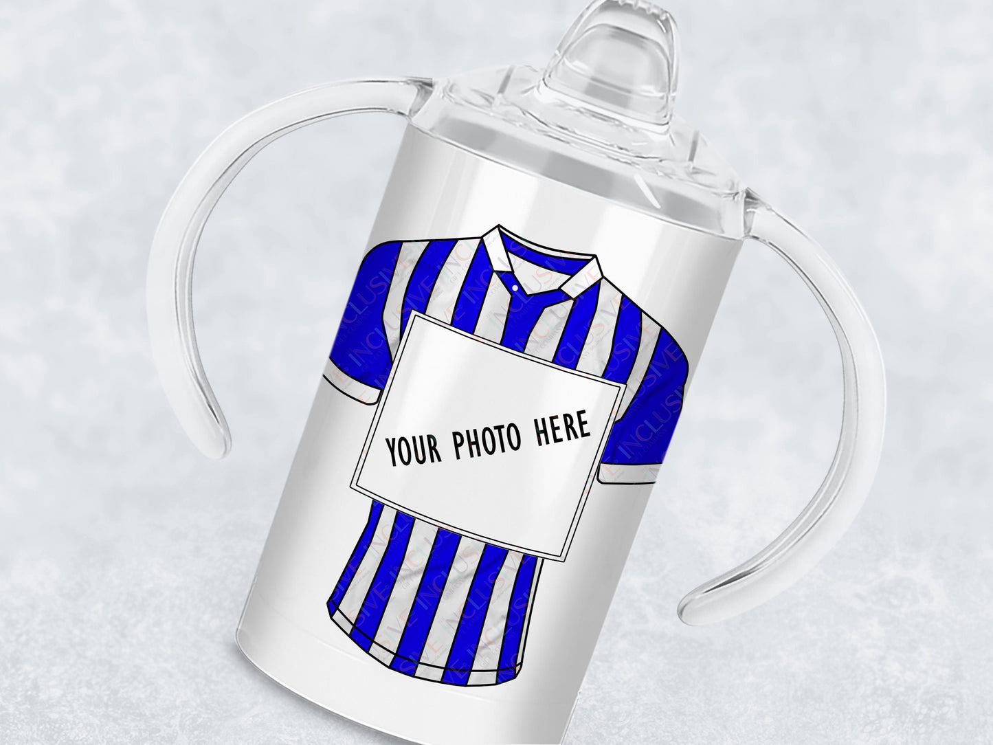 12oz insulated Sippy cup with spout for adults and children with disabilities Printed with striped football shirt in colour of your choice with a photo of your choice displayed in a square frame in the centre