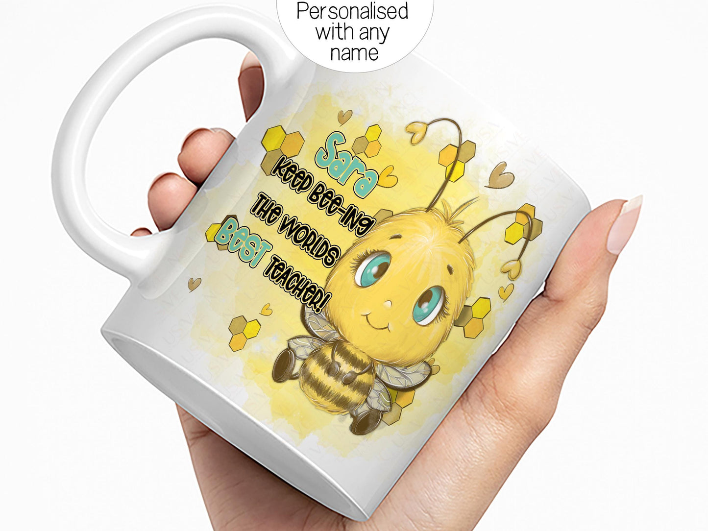 All white Ceramic mug against a white back ground, A cute cartoon style bee with bright blue eyes is printed on each side of the mug with the words Teacher name Keep beeing the BEST Teacher in black and matching blue. Mugs Can be personalised with any name