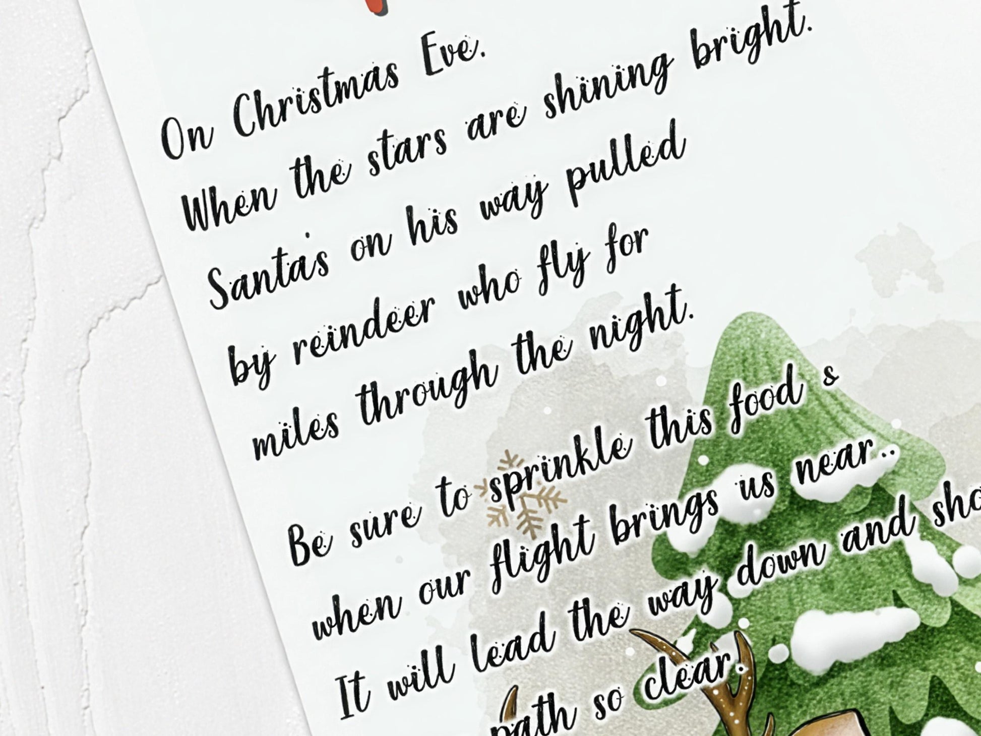 Image shows the christmas poem on the backing card.                                            On Christmas Eve
When the stars are shining bright
Santa’s on his way pulled 
by reindeer who fly for 
miles through the night
Be sure to sprinkle this food & 
when our flight brings us near
It will lead the way down and show
us our path so clear