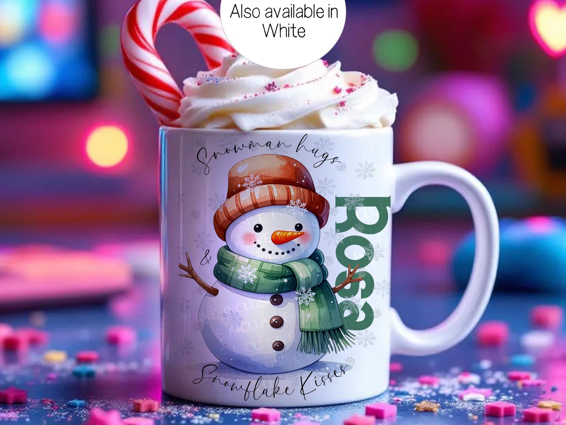 Personalized Christmas snowman mug with name, orange hat, green scarf, and snowflakes. All-white mug design. Perfect hot chocolate mug or Christmas Eve box filler, a cozy winter gift for kids or adults.