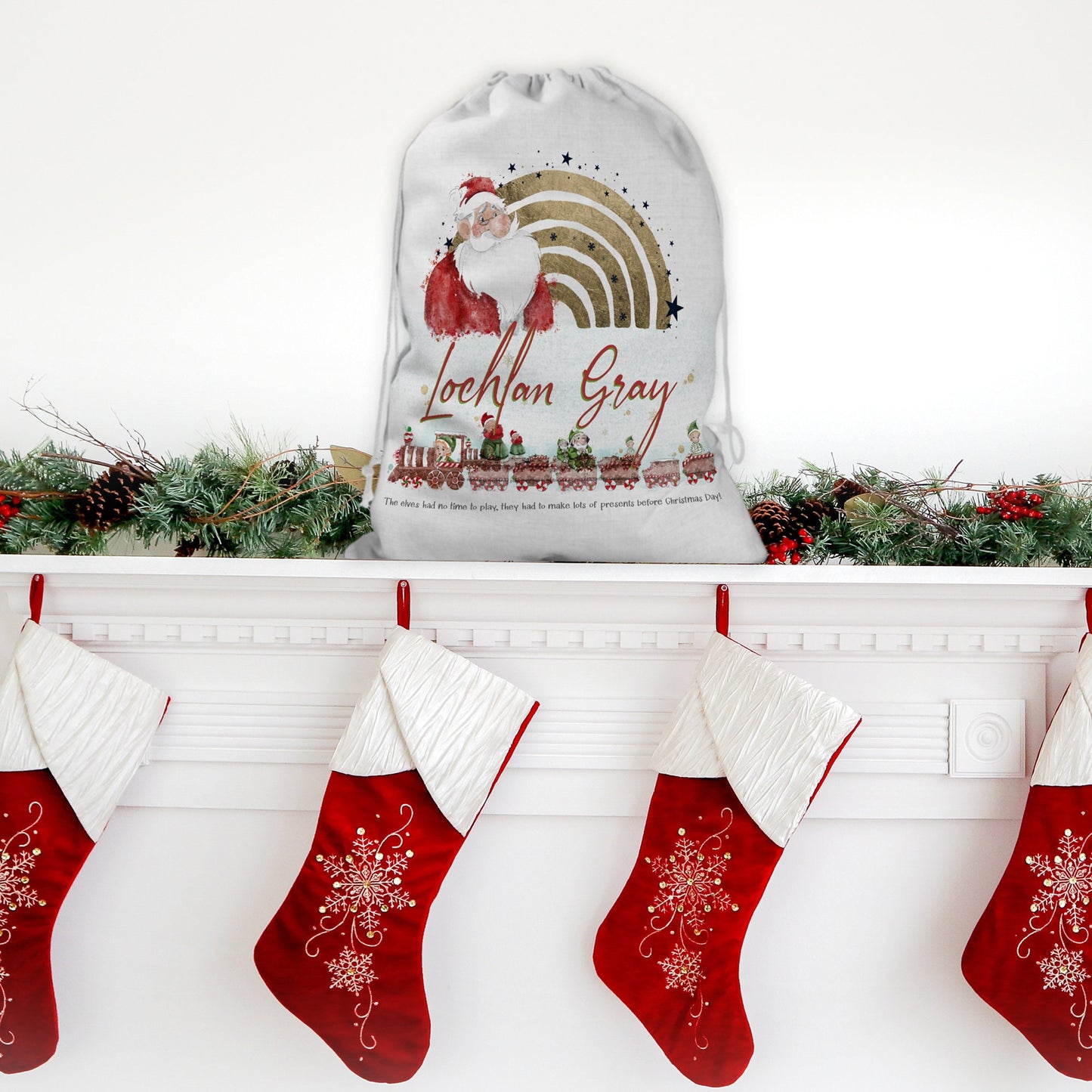 Personalised Santa Sack: Small drawstring Gift bag , Christmas eve box / Stocking filler