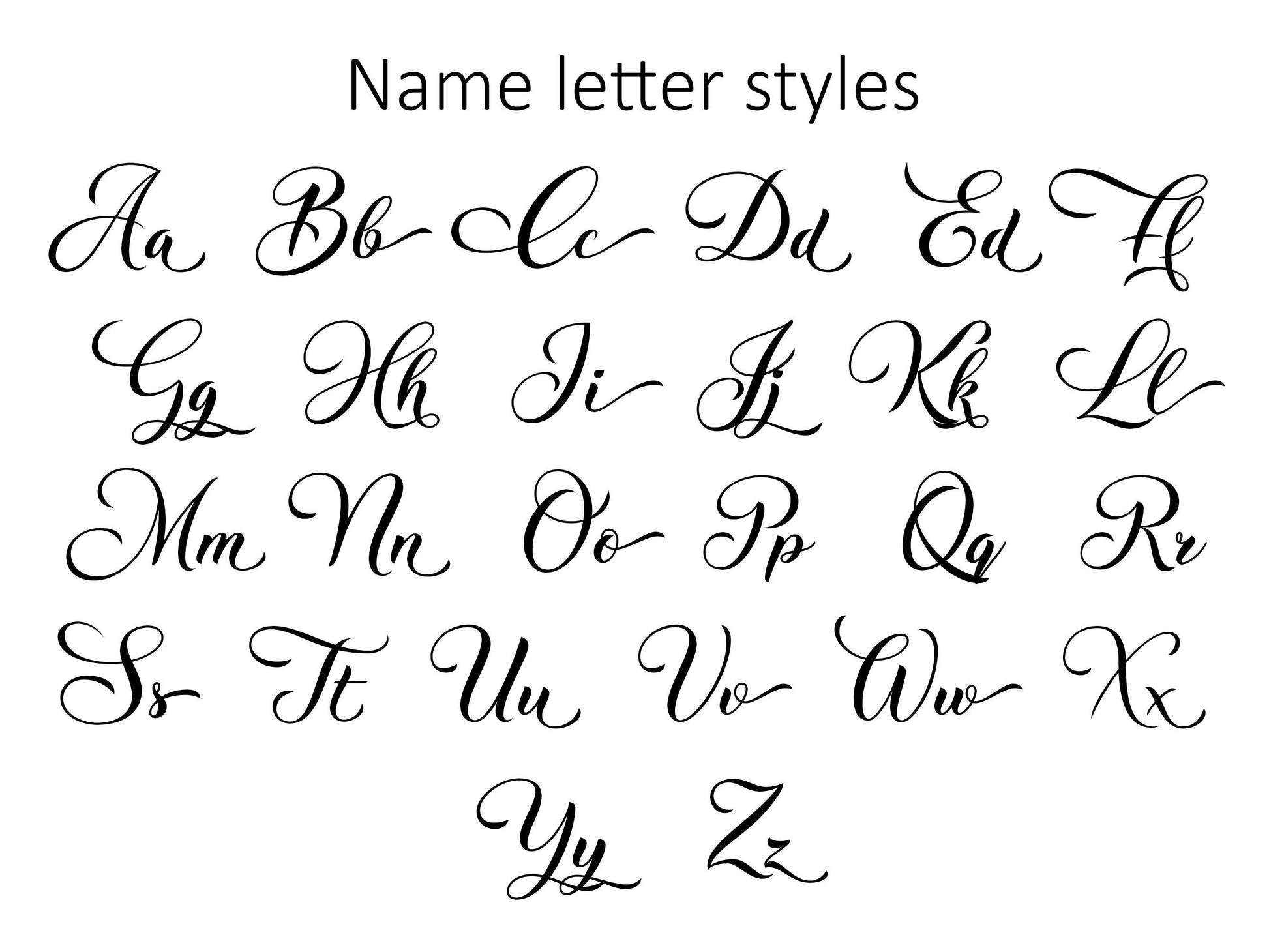 Alphabet chart displaying uppercase and lowercase script letters for the custom name personalization, in a clean cursive font.