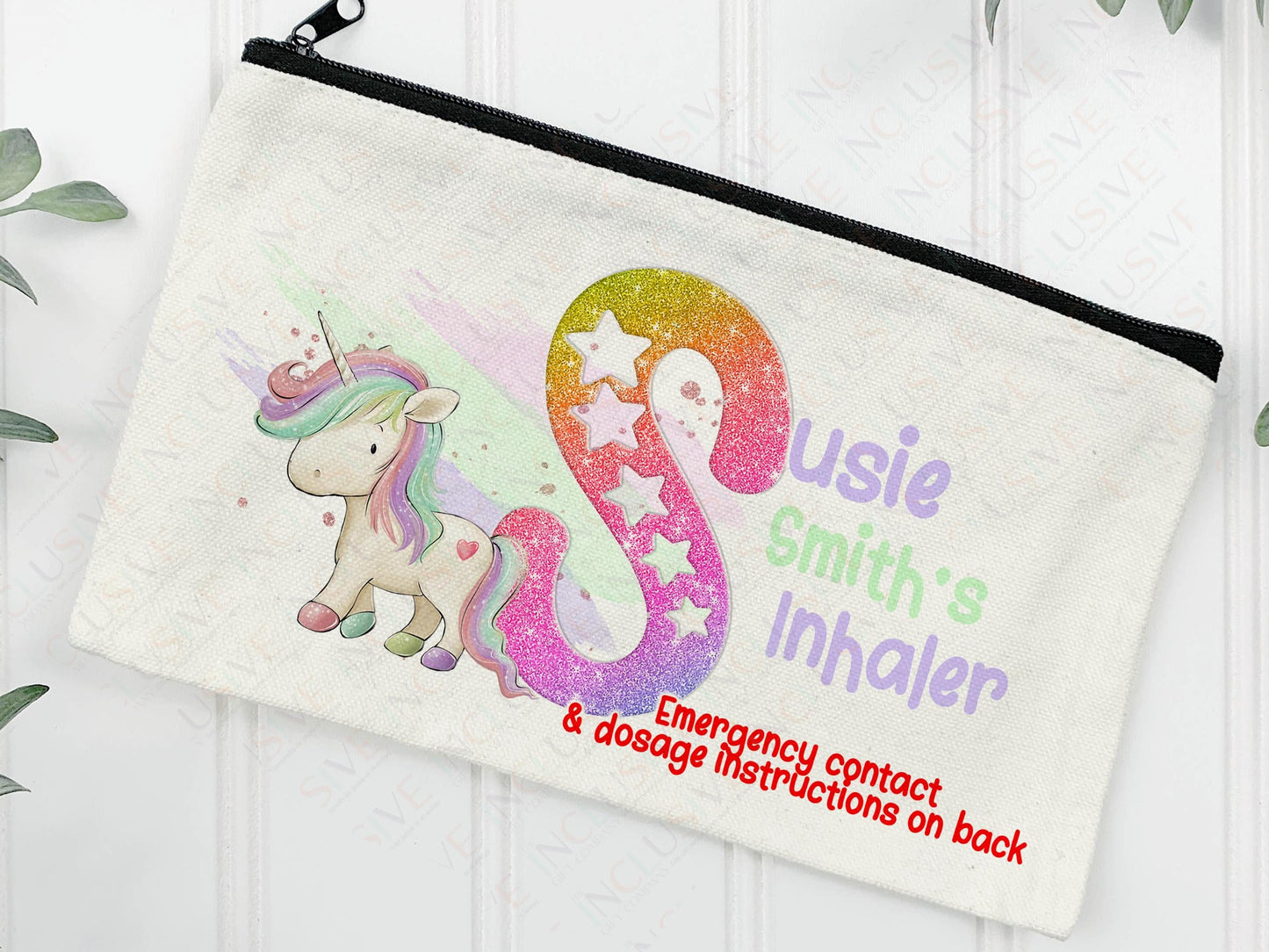Cream Linen pouch with black zipper with my popular pastel cream Unicorn with Pink purple and green  hair and hooves & alphabet initial with name