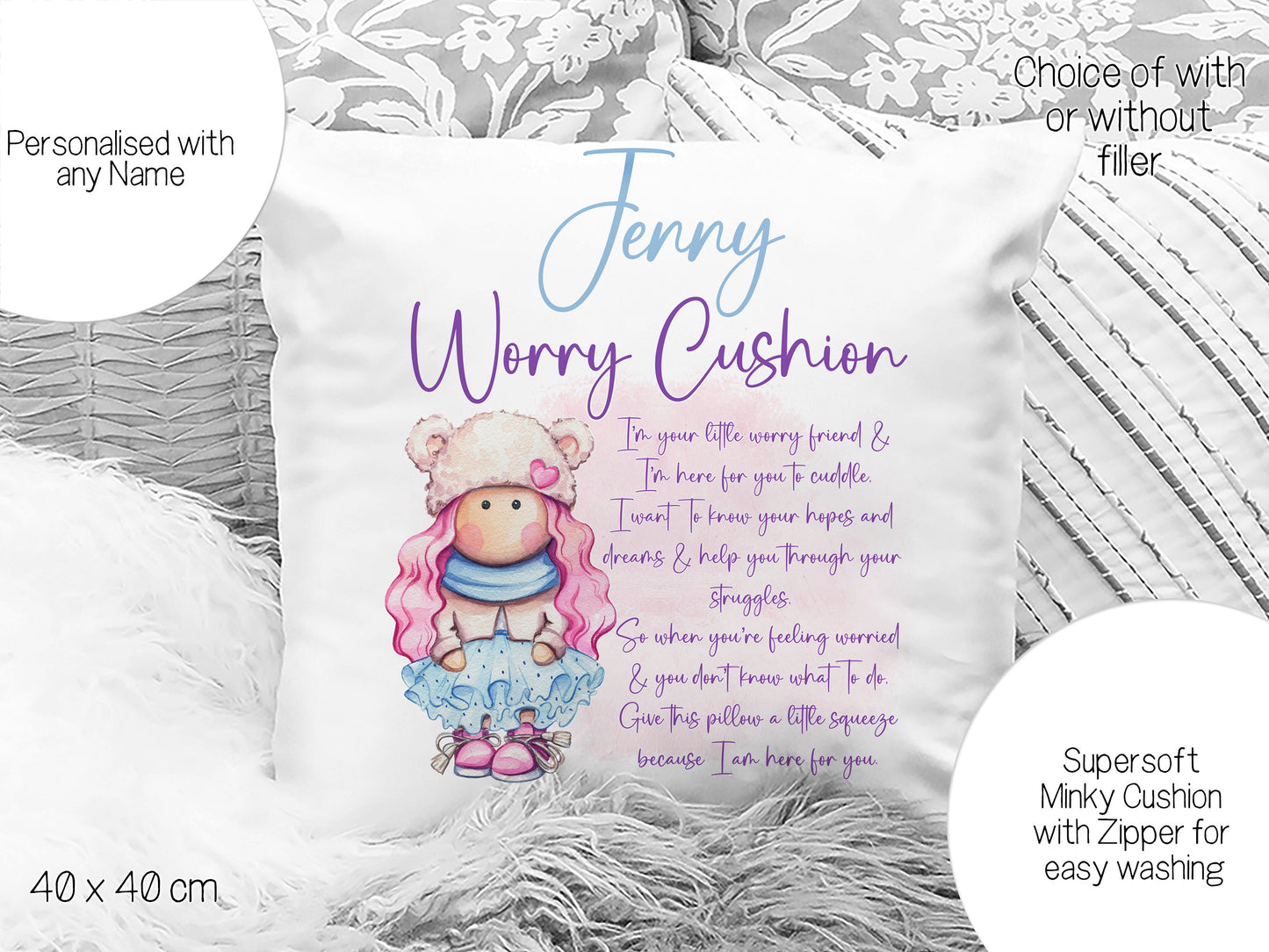 Info graphic 

Supersoft minky cushion with zipper for easy washing. 
Choice of with or without filler
40 x 40 cm 
Personalised with any name