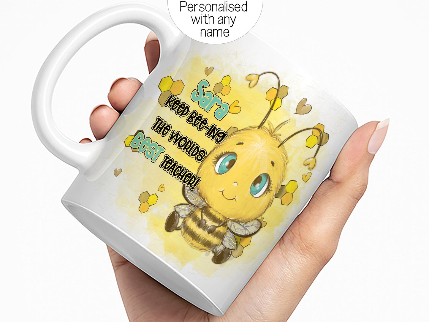 All white Ceramic mug against a white back ground, A cute cartoon style bee with bright blue eyes is printed on each side of the mug with the words Teacher name Keep beeing the BEST Teacher in black and matching blue. Mugs Can be personalised with any name