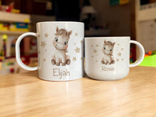 Load image into Gallery viewer, Designed with little hands in mind, this white shatterproof polymer cup is printed with a boho watercolour inspired horse design. Both Durable and safe for everyday use by even the most clumsy toddler, whether they’re sipping their favorite drink or using it as a fun, decorative piece and personalised with their name, it’s sure to bring joy to your little farmyard fan. Choice of two sizes makes it a great gift whatever their age and ability.
