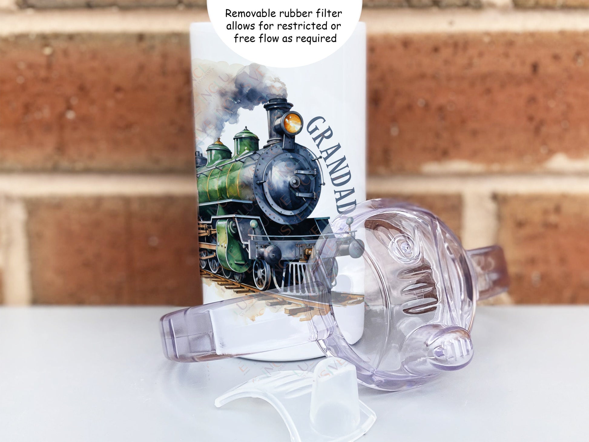 Rubber filter sits inside the sippy lid to restrict flow or remove to allow free flow