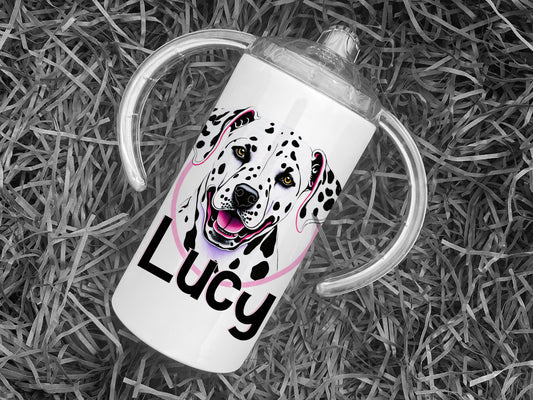 White Stainless steel sippy mug with Dalmatian dog face print and name in matching black and pink