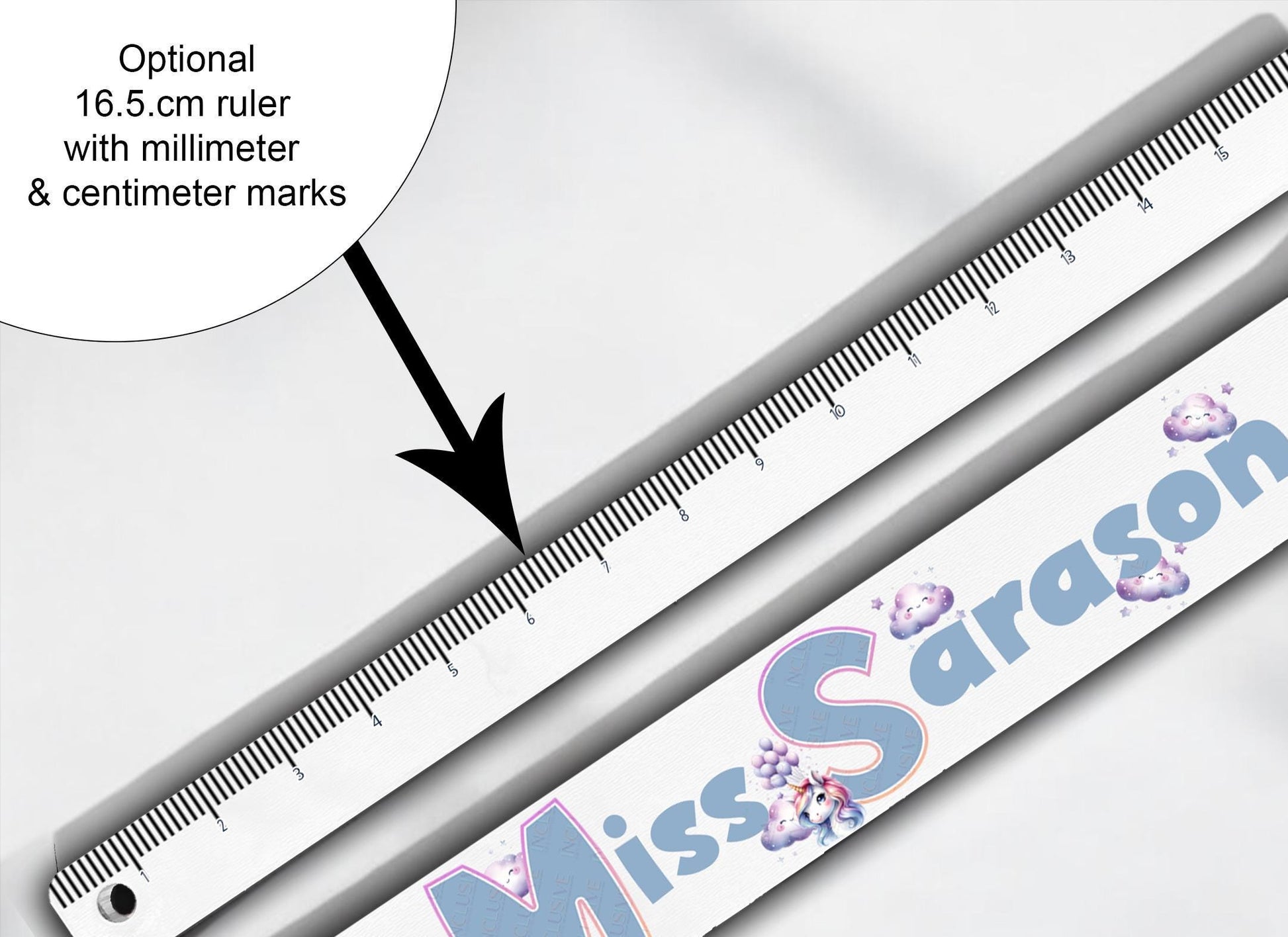 Optional 16.5 cm ruler printed to top with millimeterand centimeter markings.