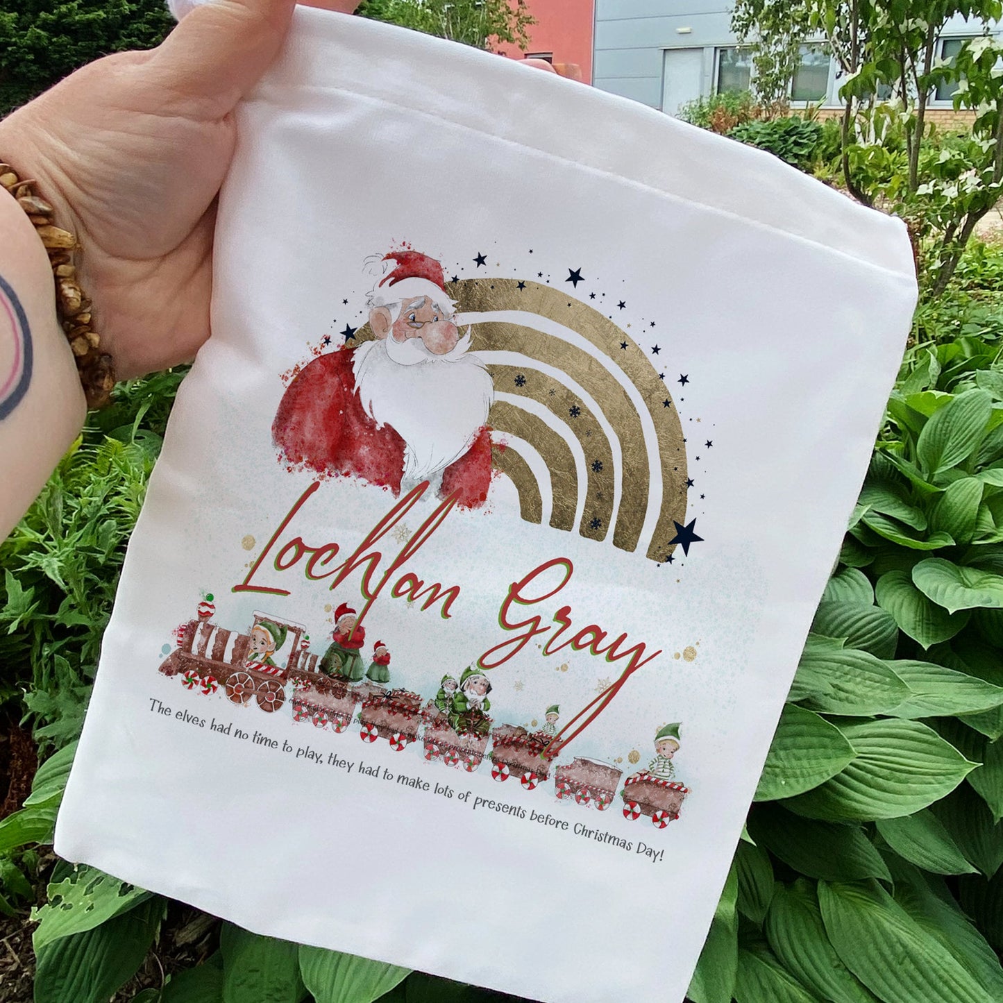 Personalised Santa Sack: Small drawstring Gift bag , Christmas eve box / Stocking filler