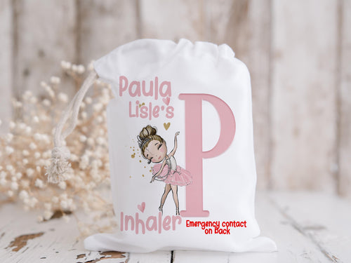 White drawstring bag with beautoful ballerina and initial letter in pastel pink colours. Bag shows Initial of first name and a character with text reading name inhaler if you choose to have emergency contact on back it will state this is available on the front.