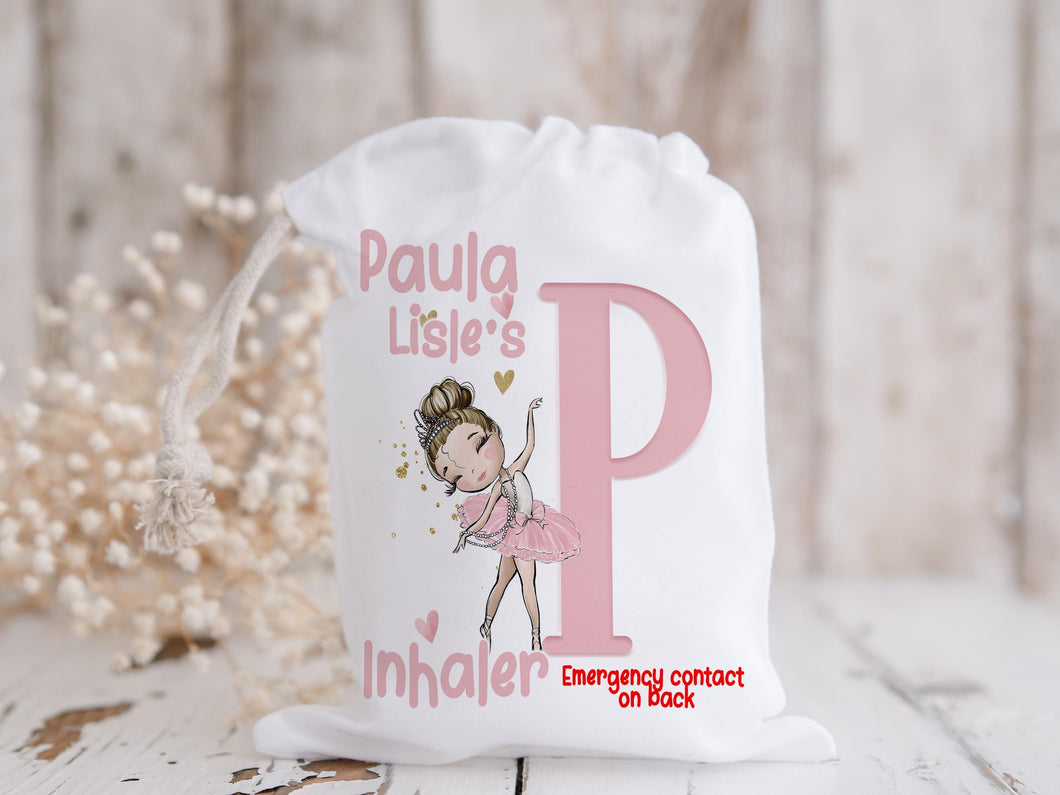 White drawstring bag with beautoful ballerina and initial letter in pastel pink colours. Bag shows Initial of first name and a character with text reading name inhaler if you choose to have emergency contact on back it will state this is available on the front.