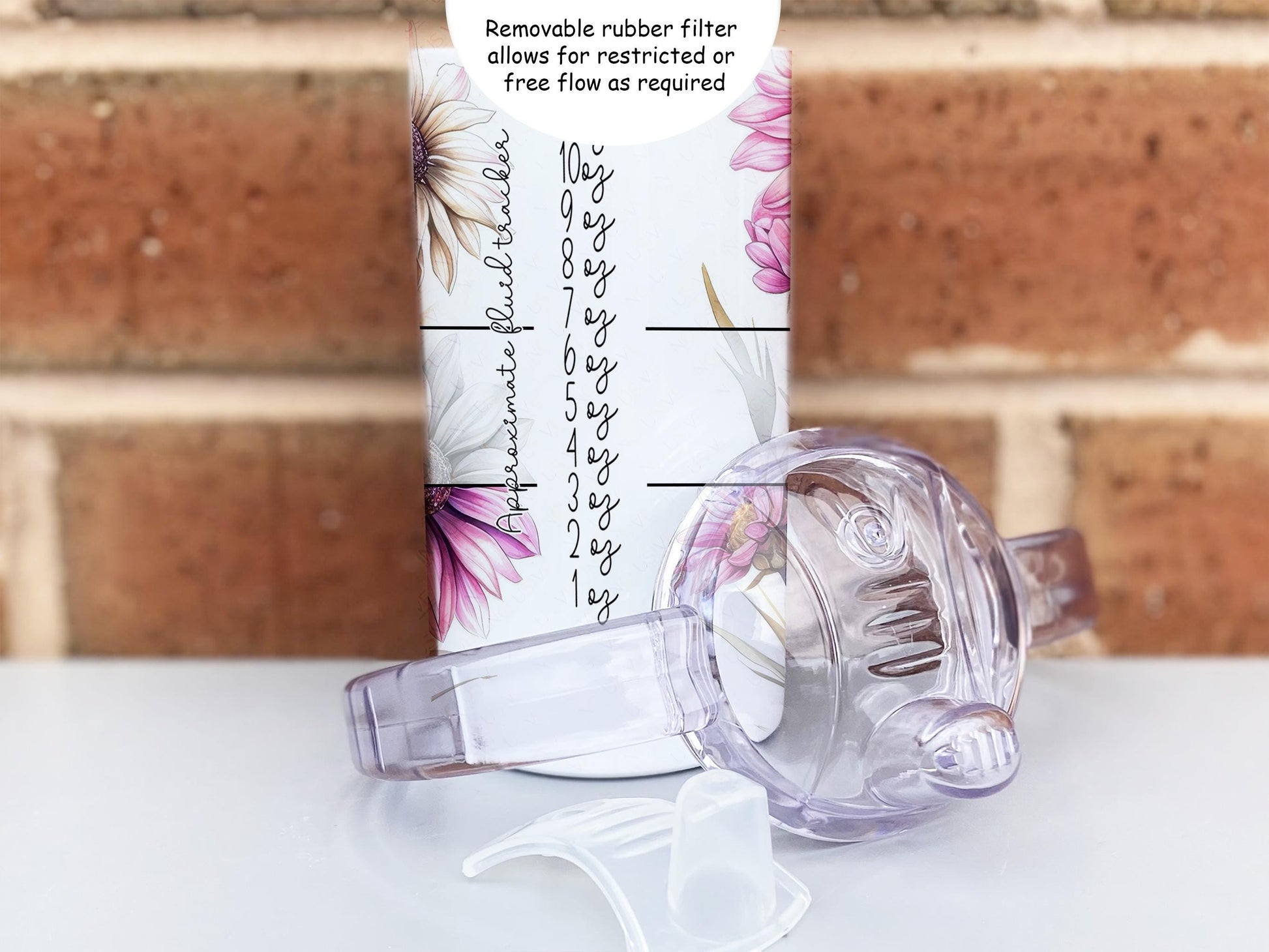 Plastic lid with spout has a removable rubber filter that allows for restricted Drip or free flow as required.
