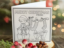 Load image into Gallery viewer, Colour your own White 5x5 inch sq card with black and white line drawing of Cute festive Elf with teddy stockings and gifts  . Wordings reads Merry Christmas from Name)
