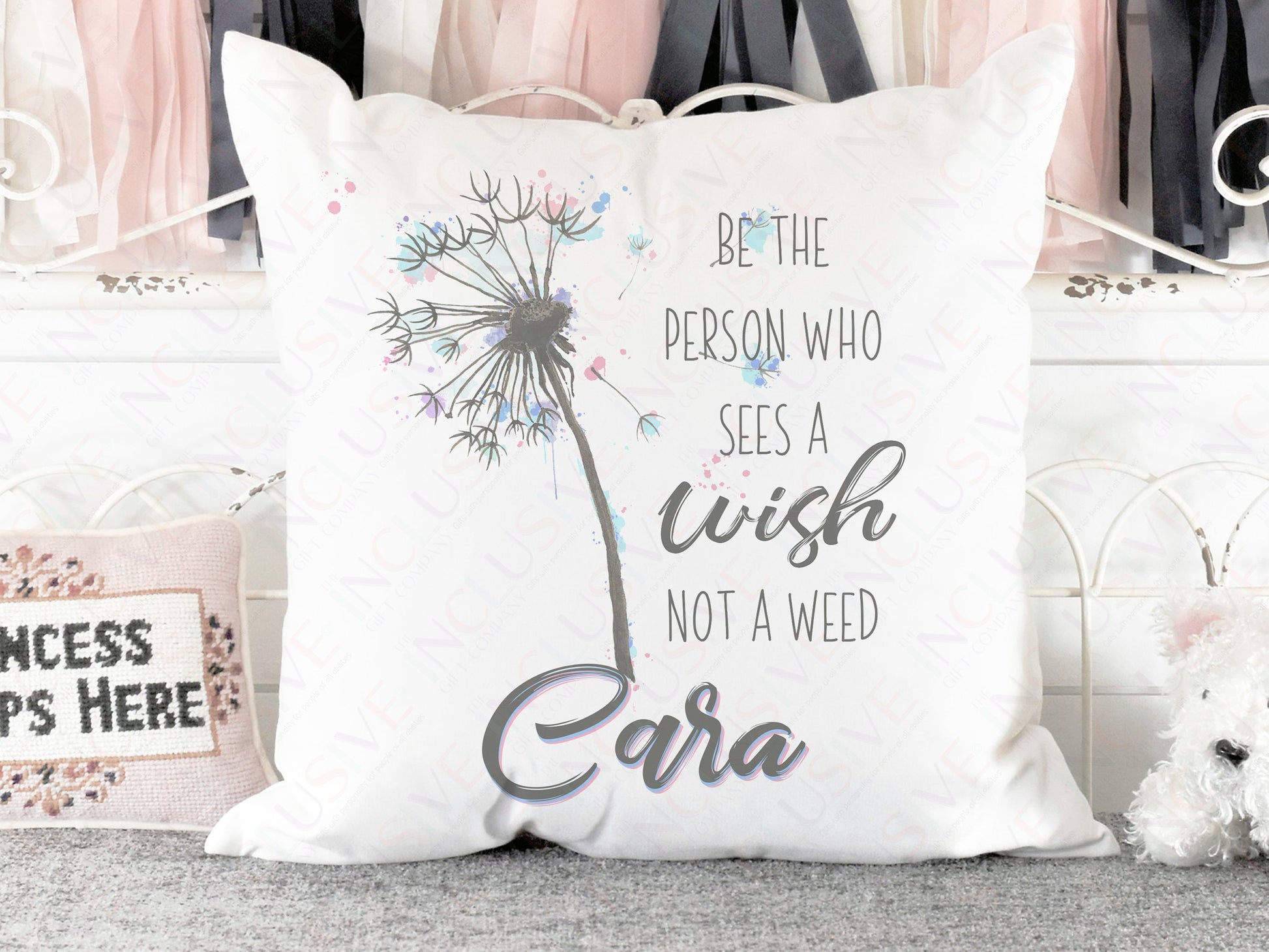 Plush white Cushion with vibrant printed Dandelion in its seeded state and sentimental wording Be The Person who sees a wish not a weed and matching name