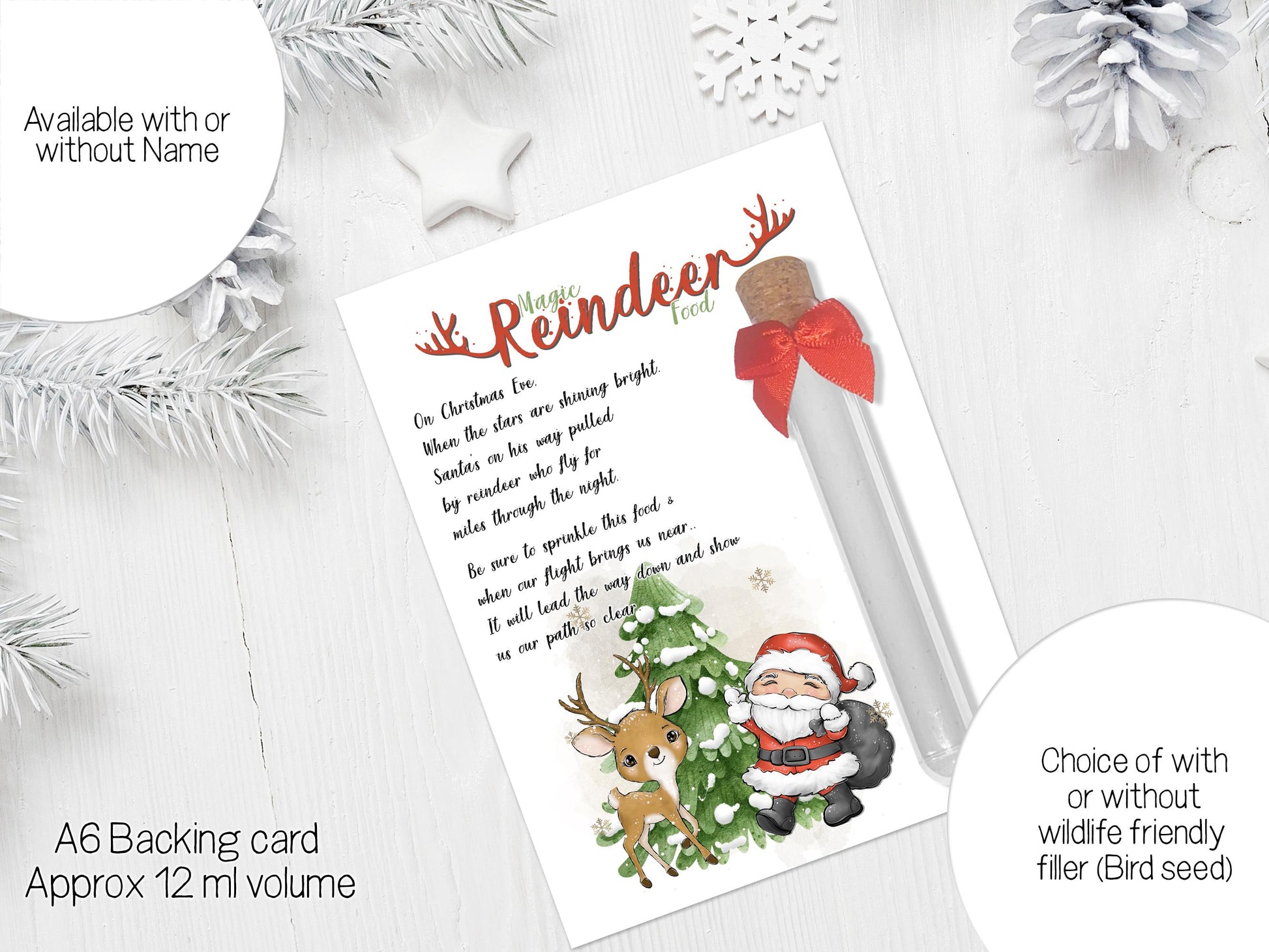 Image shows unfilled tube of wildlife friendly bird food topped by a cork and red bow.  Not personalised with a name. Other text around the image reads Available with or without name. Choice of with or without wildlife friendly filler (Bird seed). A6 backing card approximate 12 ml volume.