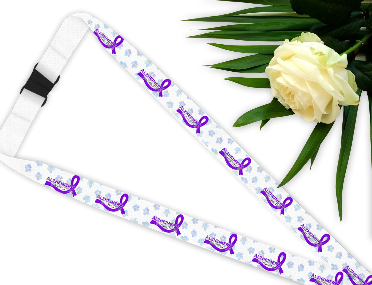 100% Polyester safety breakaway lanyard printed with blue forget me not and purple Alzheimer's awareness ribbon

Lanyard = 45 cm long + 10 cm badge holder 

Break away clips at 2 points 
a. behind the neck 
b. on the badge holder