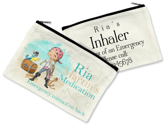 Cream Linen pouch with black zipper with a feminine pirate wearing a bandana standing on the beach with chest and parot. Text reads Name's Medication. Back of pouch shows Name's Inhaler In case of Emergency please call Number.