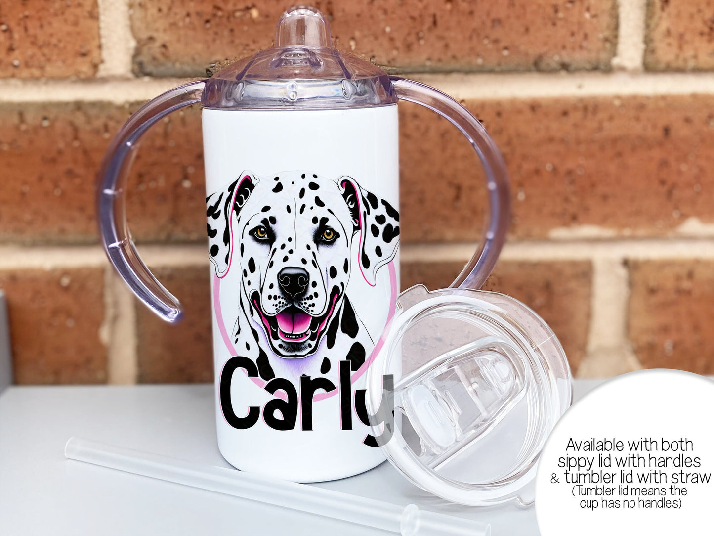Comes with one insulated stainless steel tumbler and two lids one two handled sippy cup lid with spout and one tumbler style lid with straw
