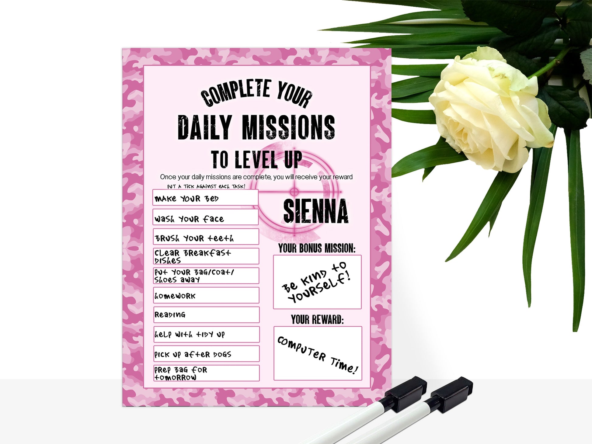 Pink Camo Printed sign, with shoot em up gamer style background and blank tasks and reward boxes for you to fill in. 

Text reads - Name Complete your daily missions to level up. Once your daily missions are complete you will receive your reward.