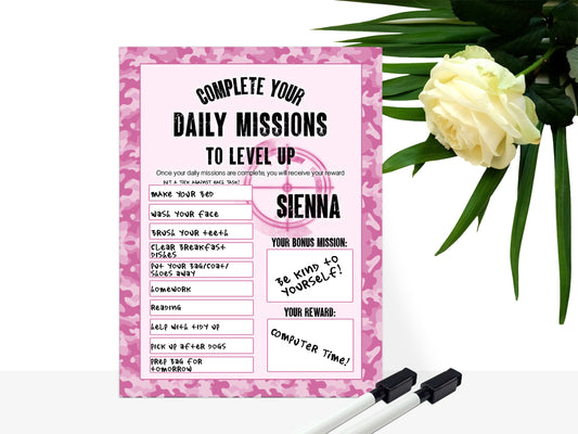 Pink Camo Printed sign, with shoot em up gamer style background and blank tasks and reward boxes for you to fill in. 

Text reads - Name Complete your daily missions to level up. Once your daily missions are complete you will receive your reward.