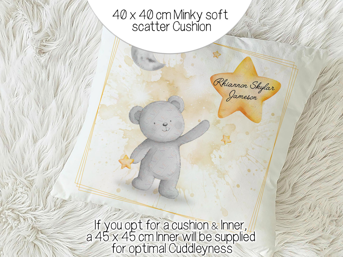 40 x 40cm Minky soft scatter Cushion.
If you opt for a cushion & Inner a 45 x 45 cm Inner will be supplied for optimal Cuddleyness