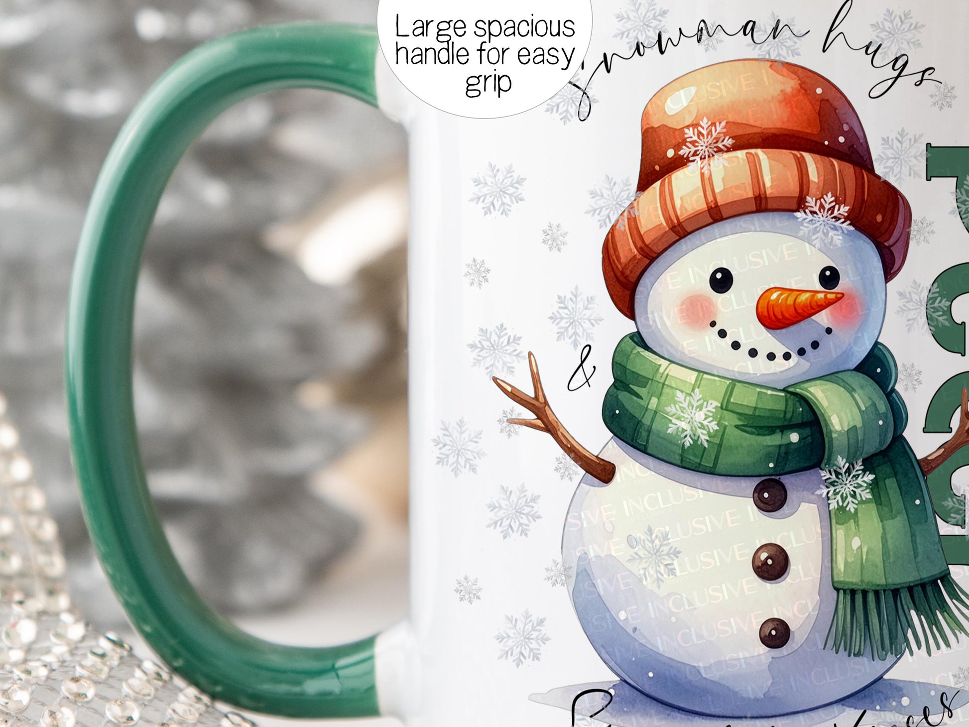 Close up of the Green handle and rim version of this mug highlight the large spacious handle making it easy to grip for kids and adults alike.