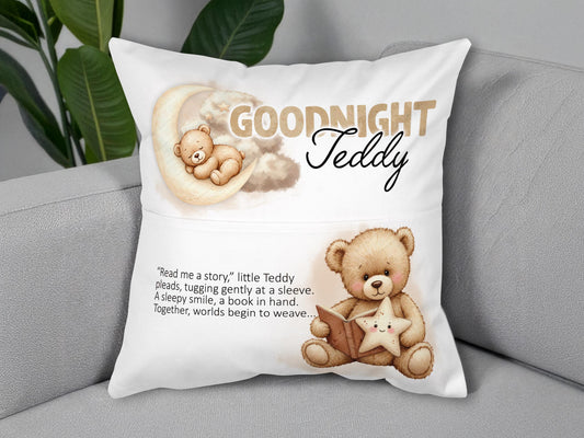 White Personalised book cushion with pocket. Adorable brown teddy bear printed watercolour design and a generous pocket to hold their favorite story book – Personalise with a custom name making it the ideal kids pillow for bedtime, nursery, or toddler room decor