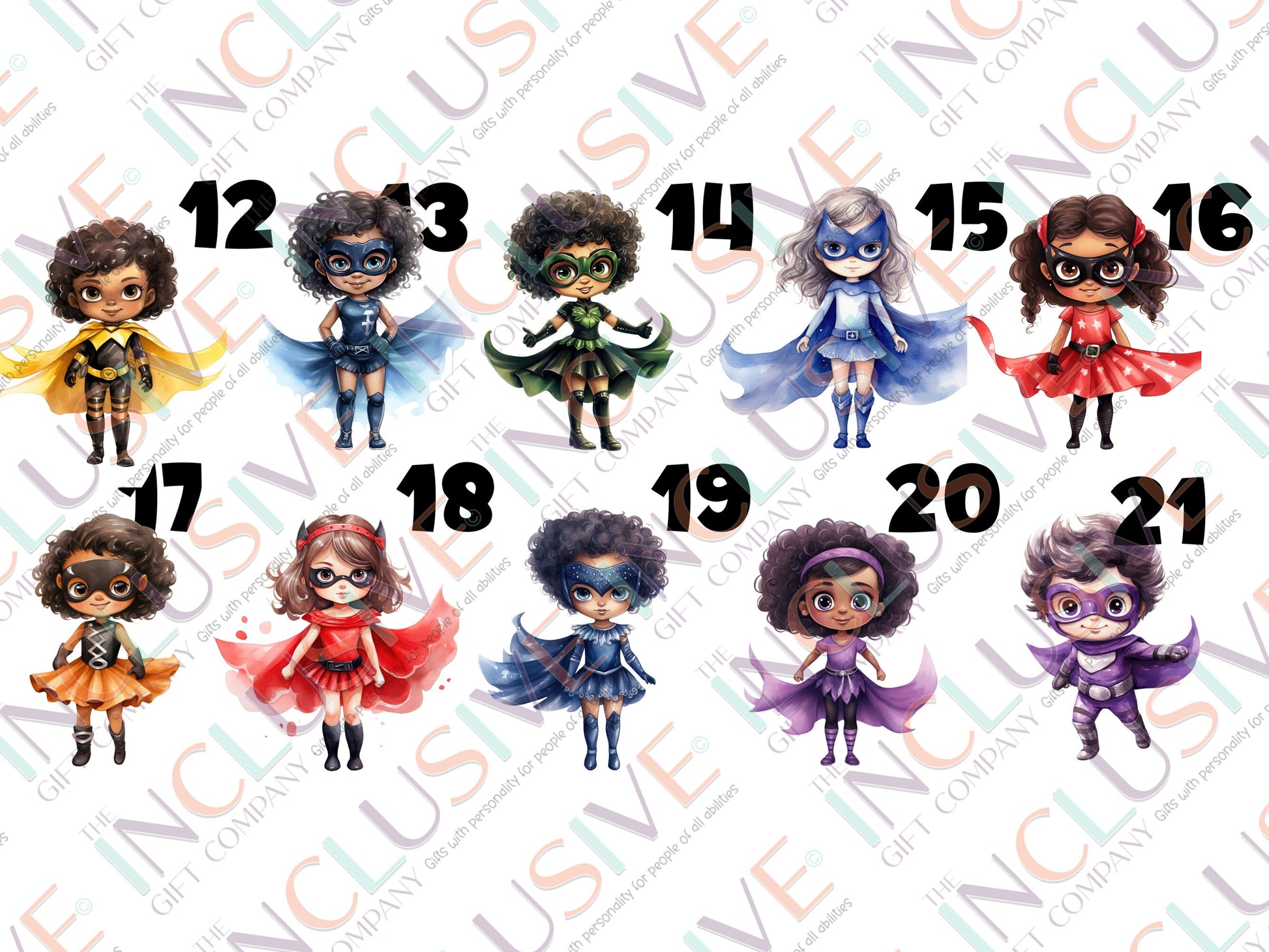 Choice of 10 feminine characters all wearing superhero suits