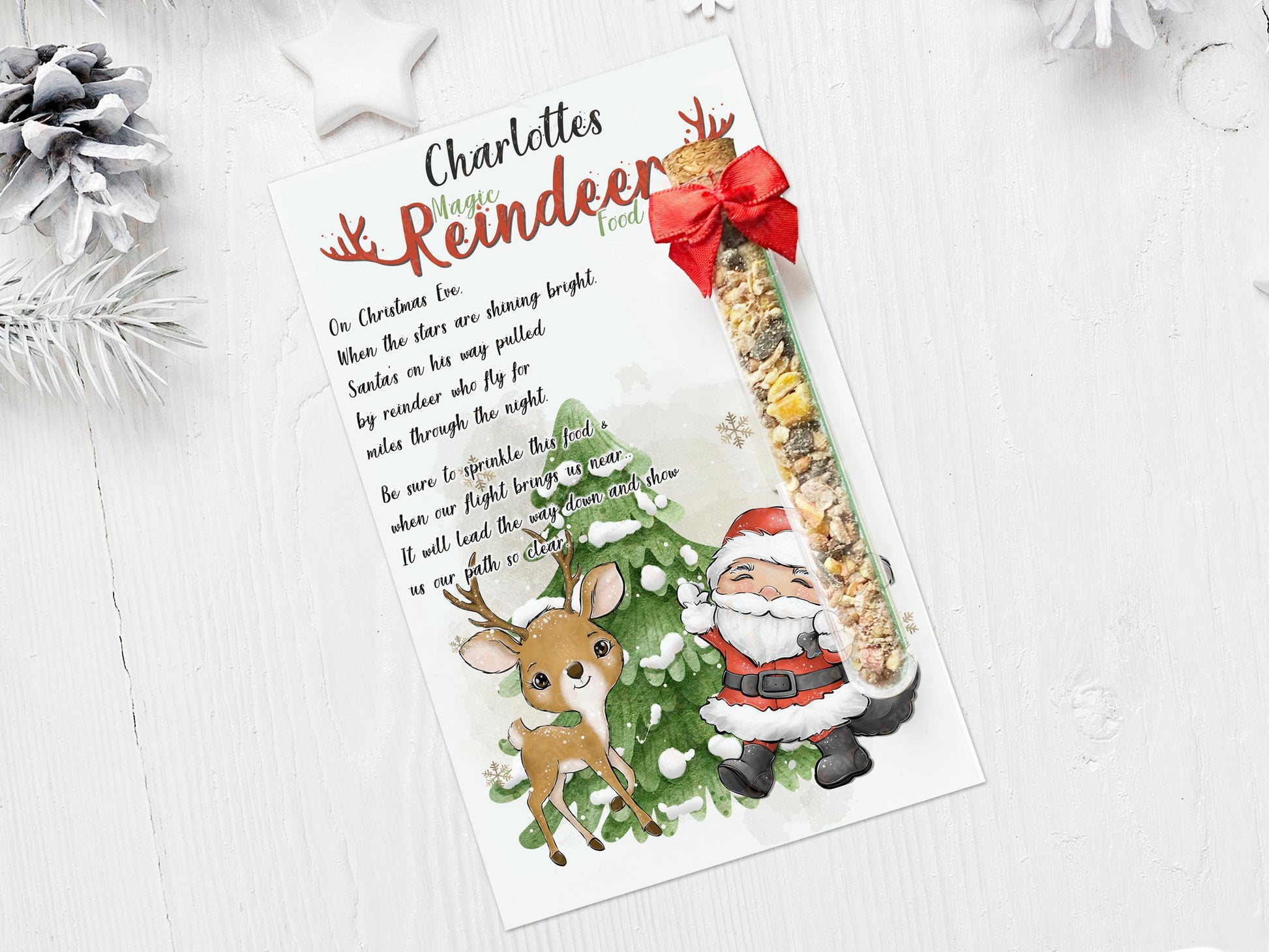 Mixed Bird seed in a test tube container with a pretty red bow. Backing card is personalised with any name and shows a festive friends style scene with Santa and reindeer standing in front of a christmas tree.