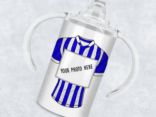 12oz insulated Sippy cup with spout for adults and children with disabilities Printed with striped football shirt in colour of your choice with a photo of your choice displayed in a square frame in the centre