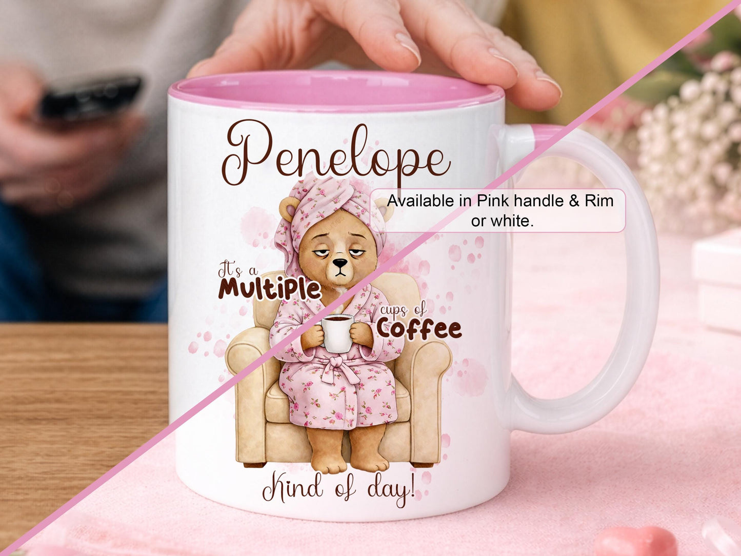 My Personalised Coffee lover Mug With Name is available in either white with Pink rim and Handle or all white mug