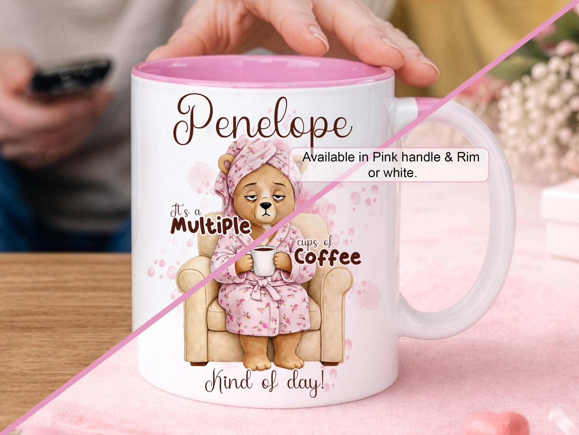 My Personalised Coffee lover Mug With Name is available in either white with Pink rim and Handle or all white mug