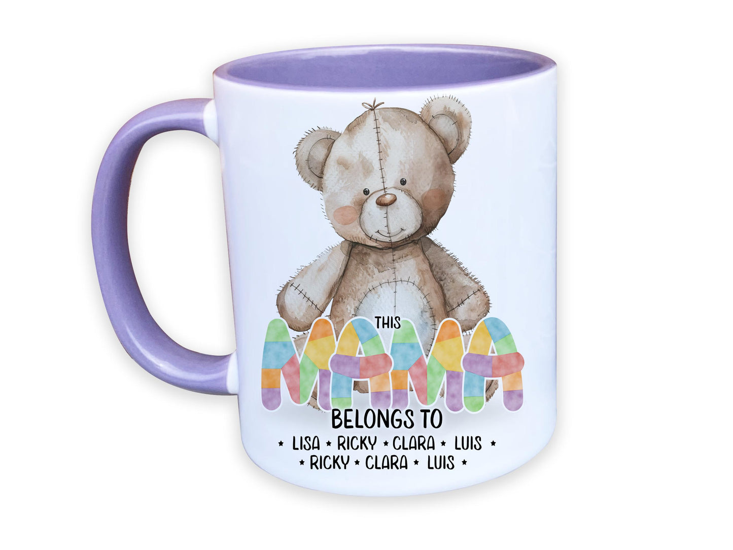 White ceramic mug with glossy Purple handle, rim and inner. Design shows A cute brown patchwork teddy bear and This Mum belongs too Names in coloured patchwork.

Personalised with as many names as you need