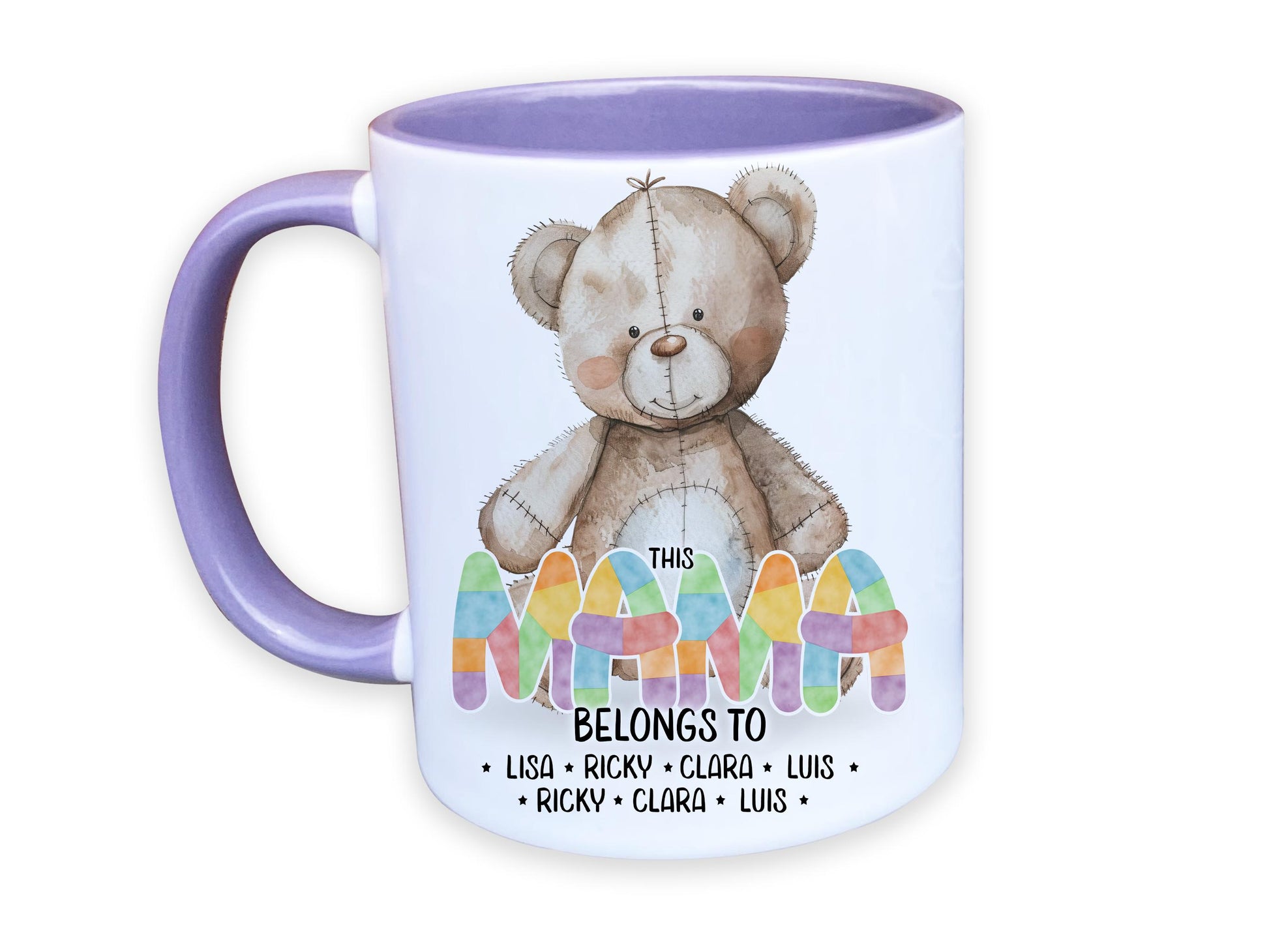White ceramic mug with glossy Purple handle, rim and inner. Design shows A cute brown patchwork teddy bear and This Mum belongs too Names in coloured patchwork.

Personalised with as many names as you need