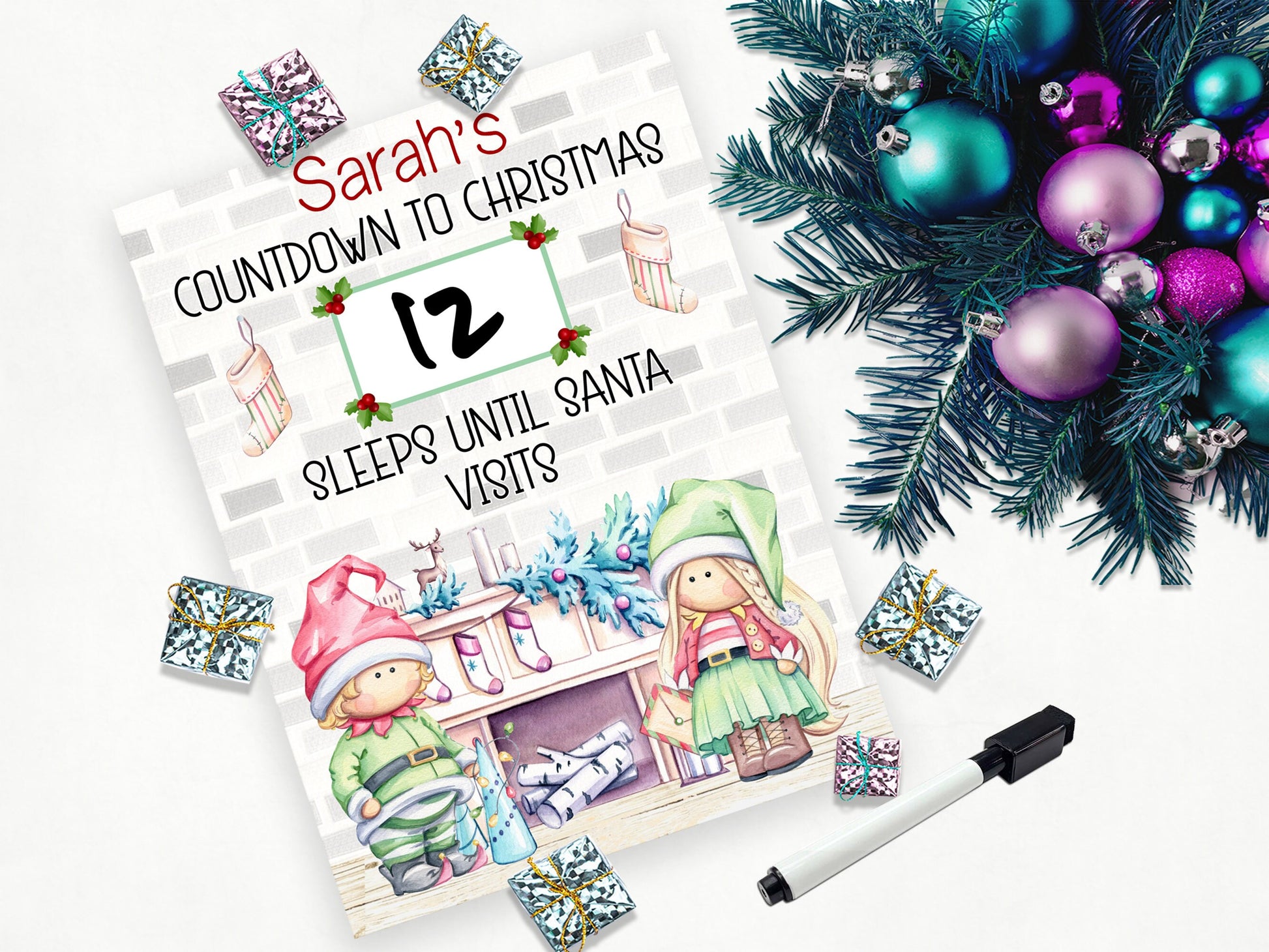 Aluminum dry wipe advent countdown with Dry wipe marker. 

Choice of Santa or father Christmas wording 
Personalised with any name.