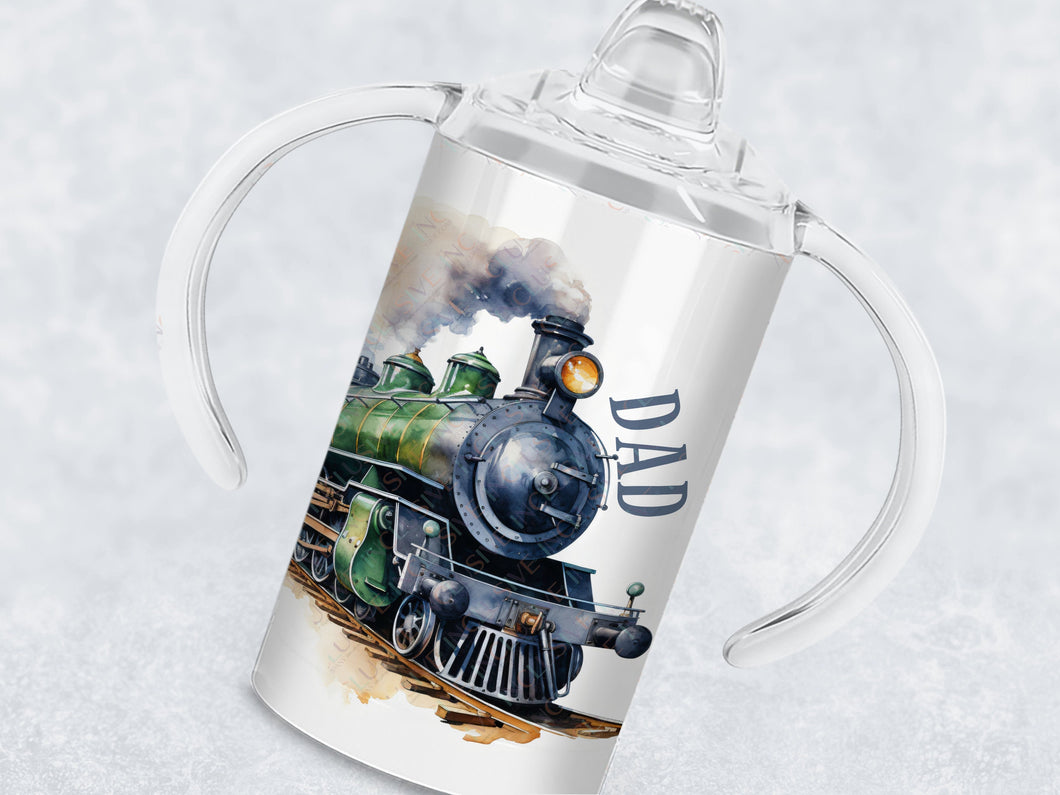 12oz insulated Sippy cup with spout for adults and children with disabilities Printed with a green & dark grey victorian era Steam Train with optional name in a matching dark grey.