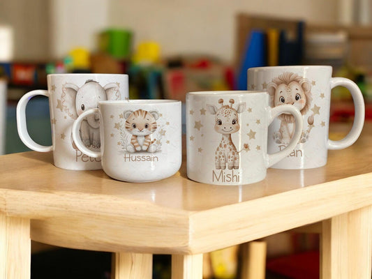 Choose between an of Elephant, Lion, Giraffe, panda or tiger in a trendy boho watercolour style. Personalised with any name. Comes in a choice of shatterproof polymer or standard ceramic each available in two sizes.

Polymer Shatter proof mugs will not shatter if dropped and are suitable for young children or people more likely to drop things. Available in small 6oz teacup style or 11oz standard mug style 

Standard ceramic mugs are available in small 6oz coffee mug or 11oz standard mug style
