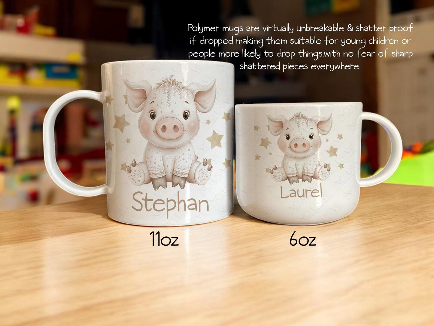 Polymer mugs are virtually unbreakable & shatter proof if dropped making them suitable for young children or people more likely to drop things with no fear of sharp shattered pieces everywhere. 11oz is about the size of a standard adult mug and the smaller 6 oz is the perfect teacup size for smaller kids or those who dont drink as much.