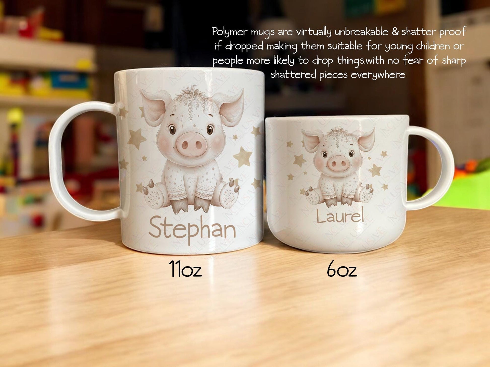 Polymer mugs are virtually unbreakable & shatter proof if dropped making them suitable for young children or people more likely to drop things with no fear of sharp shattered pieces everywhere. 11oz is about the size of a standard adult mug and the smaller 6 oz is the perfect teacup size for smaller kids or those who dont drink as much.