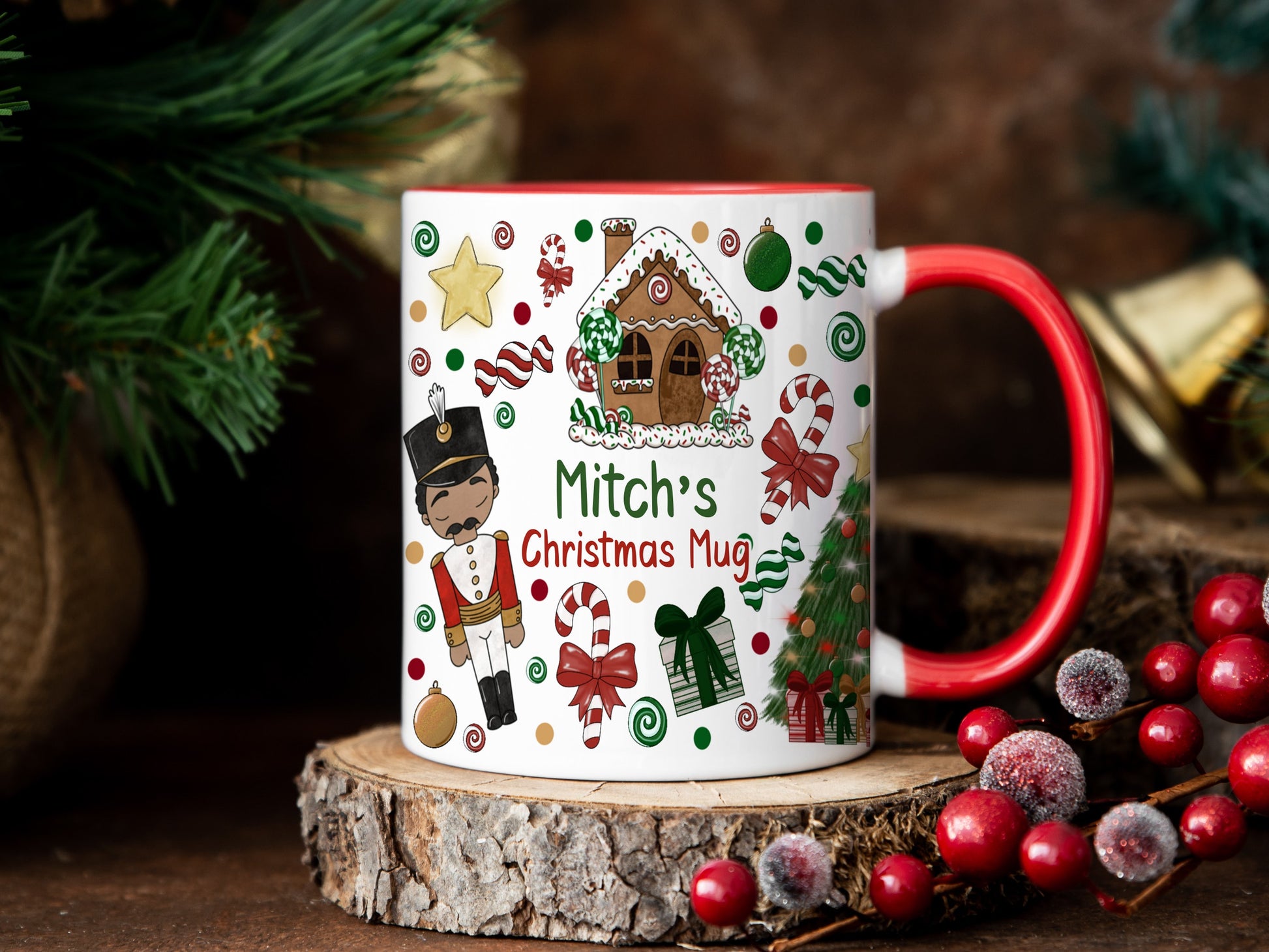 White ceramic mug with red rim and handle printed with all your festive favorites like nut cracker, reindeer, snowmen, christmas tree, gingerbread house and candy cane. Add a name in Green above Christmas mug written in red
