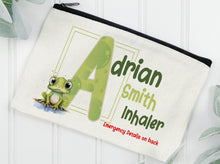 Load image into Gallery viewer, Cream Linen pouch with black zipper with my popular Frog sitting at the edge of a puddle of water &amp; a green initial with bubble design inside the letter. Image above reads Adrian Smith Inhaler Emergency details on back. But can be changed to EpiPen, Medication etc
