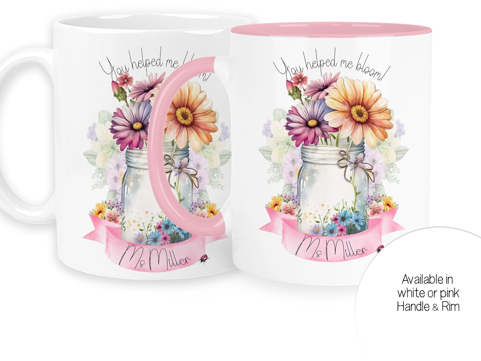 Available in pink handle and rim or plain white ceramic mugs