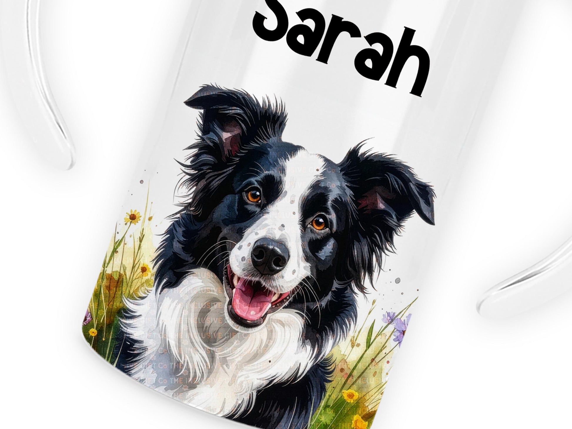Close-up view of personalized sippy cup design showing the name “Sarah” above a detailed Border Collie portrait with floral accents at the bottom.
