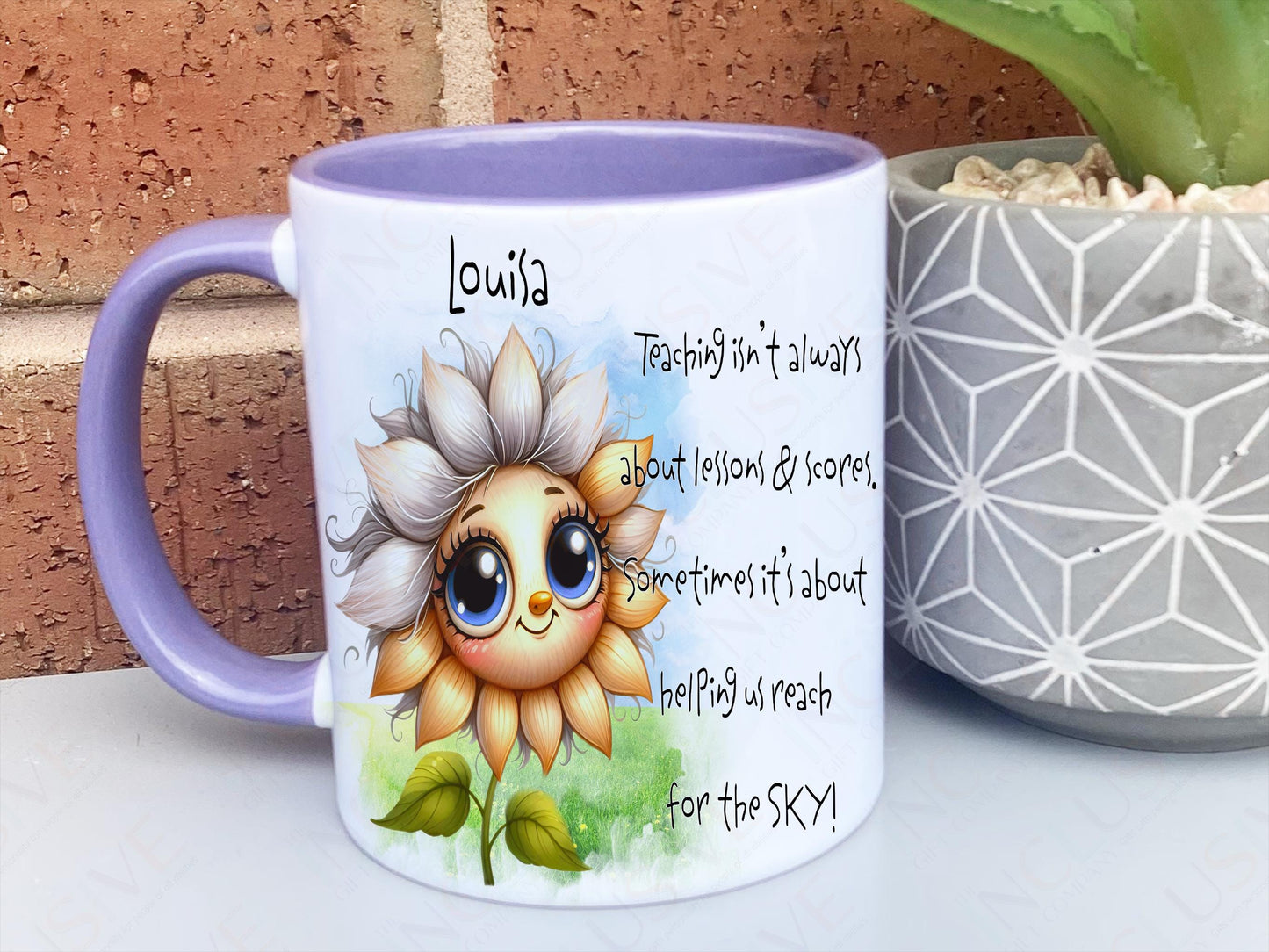 A white mug with a purple rim and handle. A Happy sunflower design and teaching related verse is printed directly on the mug so will not fade. Available with or without personalisation.
Verse reads Name. Teaching isn’t always about lessons & scores.
Sometimes it’s about helping us, reach for the SKY!